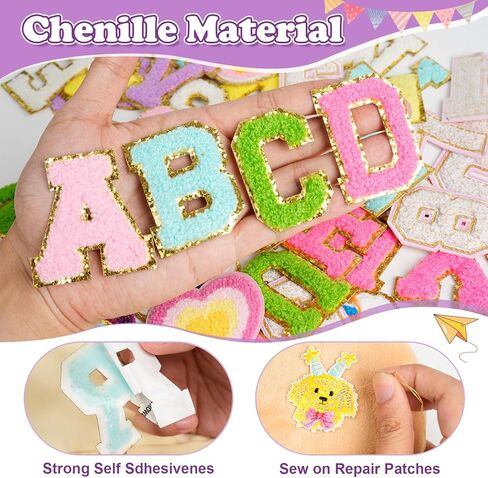 87 Pcs Self-Adhesive Chenille Letter Patches 52 A-Z Chenille Letter Patches Stickers, 35 Rainbow Bownot Heart Stick on Patches with Storage Bag, Chenille Stick on Patches for DIY Clothing, Hats, Bags in Kuwait