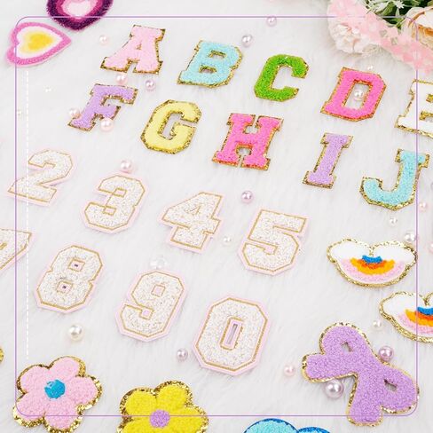 87 Pcs Self-Adhesive Chenille Letter Patches 52 A-Z Chenille Letter Patches Stickers, 35 Rainbow Bownot Heart Stick on Patches with Storage Bag, Chenille Stick on Patches for DIY Clothing, Hats, Bags in Kuwait