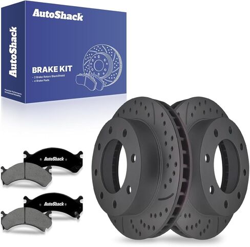 AutoShack Front Brake Rotors & Premium Pads for Chevrolet, Express 2500 2003-2017 - Coated Drilled & Slotted - Black Matte Finish - BlackShield - 12.78" (324.7 mm), 8-Lug in Kuwait