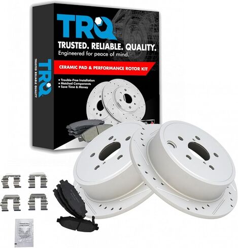 TRQ Rear Brake Pad and Rotor Set Ceramic G Coated Slotted Drilled Solid Rotors Compatible with 2009-2013 Subaru Forester 2008-2014 Impreza 2010-2014 Legacy Outback 2013-2015 BRZ in Kuwait