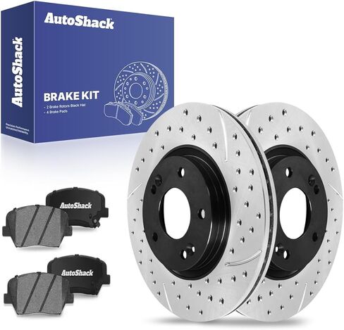 AutoShack Front Brake Rotors & Ceramic Pads for Kia, Sorento 2011-2013, AWD FWD L4 2.4L V6 3.5L - Coated Drilled & Slotted - Silver Matte Finish - TurboGuard - 11.81" (300 mm), 5-Lug in Kuwait