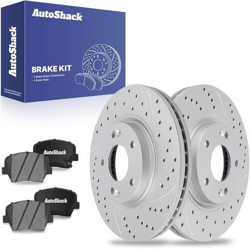 AutoShack Front Brake Rotors & Ceramic Pads for Kia, Sorento 2011-2013, AWD FWD L4 2.4L V6 3.5L - Coated Drilled & Slotted - Silver Matte Finish - TurboGuard - 11.81" (300 mm), 5-Lug in Kuwait