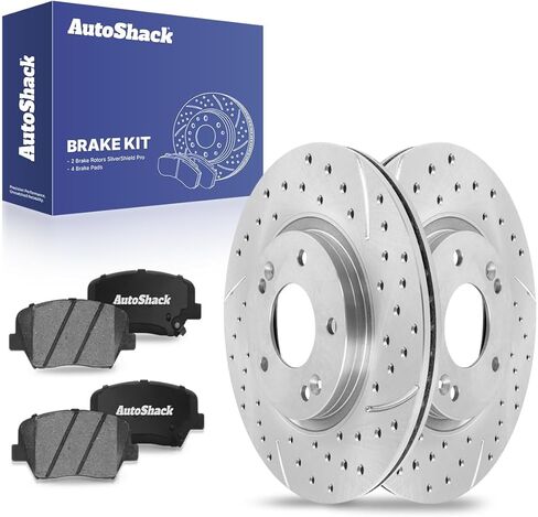 AutoShack Front Brake Rotors & Ceramic Pads for Kia, Sorento 2011-2013, AWD FWD L4 2.4L V6 3.5L - Coated Drilled & Slotted - Silver Matte Finish - TurboGuard - 11.81" (300 mm), 5-Lug in Kuwait