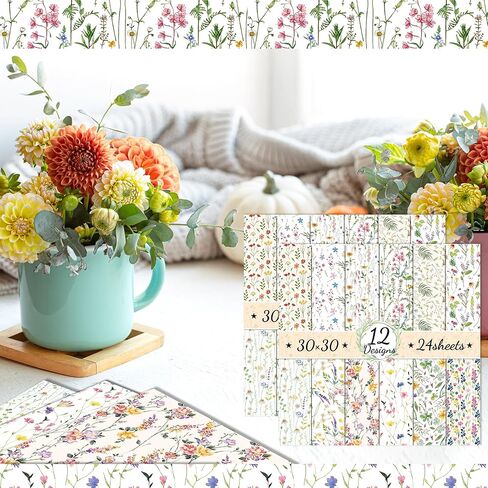 24 Sheets Spring Floral Scrapbook Paper, Flower Decorative Craft Folded Flat for Birthday Wedding Card Making Photo Album Decor, 12'' x 12'' in Saudi Arabia