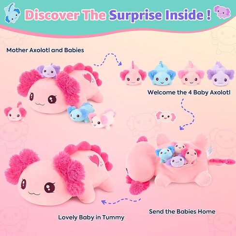 Onsoyours Original 5PC Axolotl حيوانات محشوة مع أطفال بالداخل، Kawaii Axolotl قطيفة مع الأم و4 أطفال - ألعاب قطيفة ناعمة لطيفة للفتيات والأطفال in Kuwait