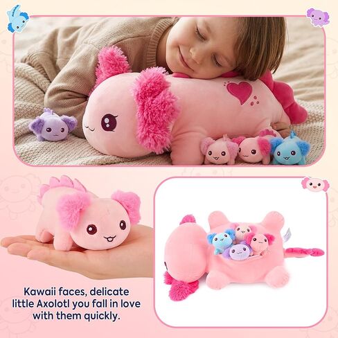 Onsoyours Original 5PC Axolotl حيوانات محشوة مع أطفال بالداخل، Kawaii Axolotl قطيفة مع الأم و4 أطفال - ألعاب قطيفة ناعمة لطيفة للفتيات والأطفال in Kuwait
