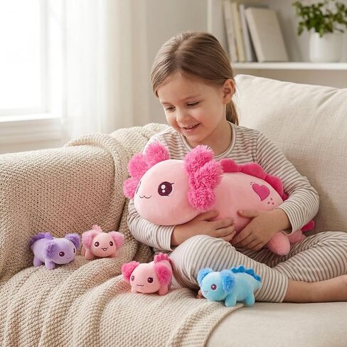 Onsoyours Original 5PC Axolotl حيوانات محشوة مع أطفال بالداخل، Kawaii Axolotl قطيفة مع الأم و4 أطفال - ألعاب قطيفة ناعمة لطيفة للفتيات والأطفال in Kuwait