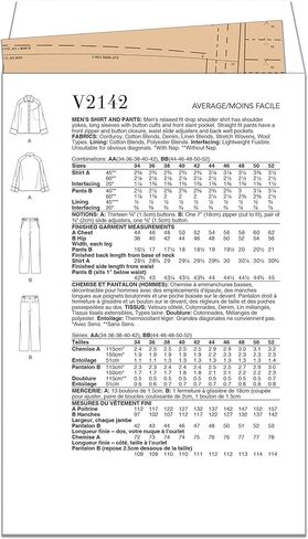 قميص Vogue V2142AA للرجال ذو أكتاف منسدلة وسروال مستقيم مناسب، رمز التصميم V2142، المقاسات 34-36-38-40-42 in Kuwait