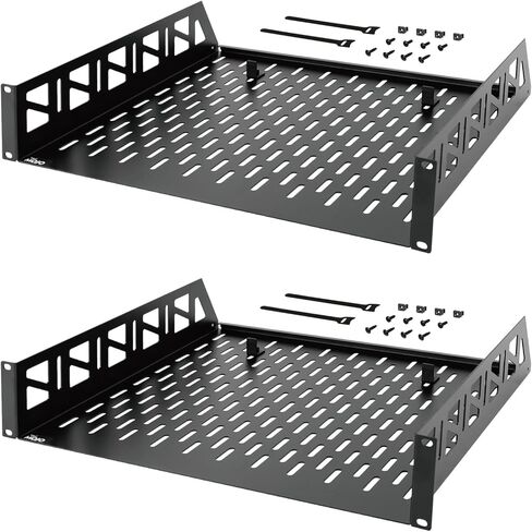 Tecmojo 2 Pack 2U Rack Shelf,19 inch Rack Mount Shelf 14 inch Depth,with Anti-Slip Stops,Server Rack Shelf and Network Shelf for 19 in Equipments, 55lbs Capacity of Vented 2U Shelf,Black,No Lip in Kuwait