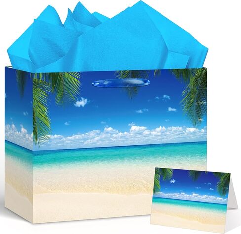 Summer Beach Gift Bag Tropical Beach Birthday Gift Wrapping Paper Bag with Tissue Paper Card Blue Ocean Pool Party Favors Bag for Women Men Holiday Wedding Luau Aloha Party Supplies Decorations in Kuwait