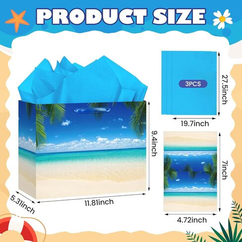 Summer Beach Gift Bag Tropical Beach Birthday Gift Wrapping Paper Bag with Tissue Paper Card Blue Ocean Pool Party Favors Bag for Women Men Holiday Wedding Luau Aloha Party Supplies Decorations in Kuwait
