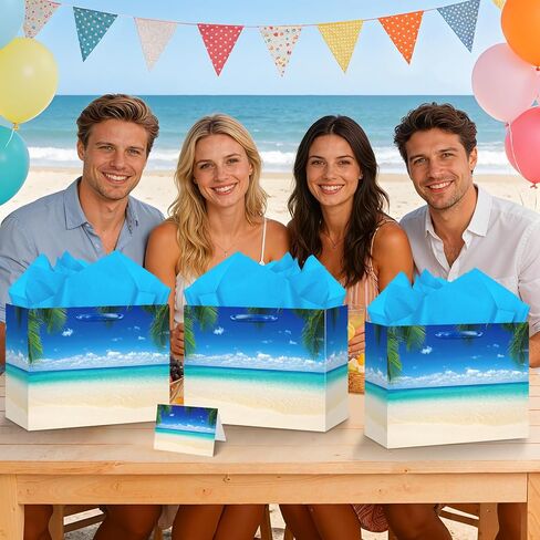 Summer Beach Gift Bag Tropical Beach Birthday Gift Wrapping Paper Bag with Tissue Paper Card Blue Ocean Pool Party Favors Bag for Women Men Holiday Wedding Luau Aloha Party Supplies Decorations in Kuwait