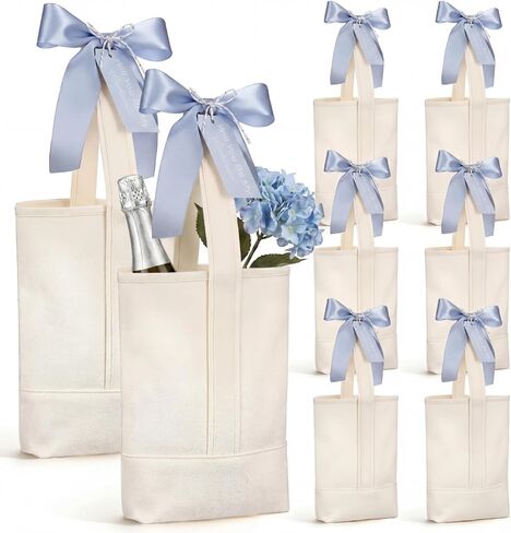 Klyyo Clyro 8 Pcs Bridesmaid Tote Bags Wine Tote Bag, Reusable Cotton Canvas Carrier Wine Bags with Drawstring Label Misty Blue Ribbon, Bridesmaid Gift Bag for Party Favors, Wedding Bachelorette in Saudi Arabia