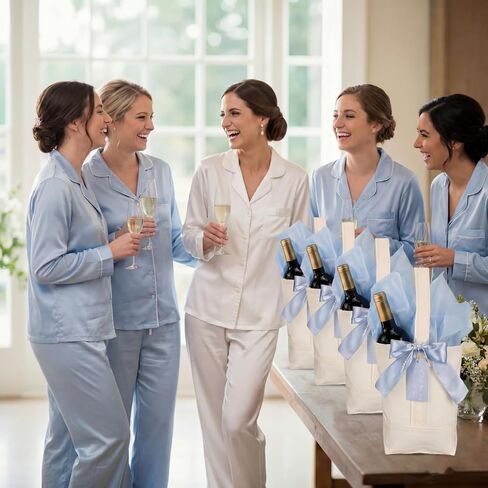 Klyyo Clyro 8 Pcs Bridesmaid Tote Bags Wine Tote Bag, Reusable Cotton Canvas Carrier Wine Bags with Drawstring Label Misty Blue Ribbon, Bridesmaid Gift Bag for Party Favors, Wedding Bachelorette in Saudi Arabia