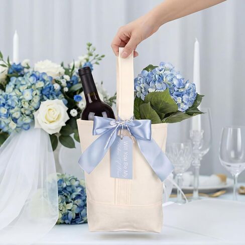 Klyyo Clyro 8 Pcs Bridesmaid Tote Bags Wine Tote Bag, Reusable Cotton Canvas Carrier Wine Bags with Drawstring Label Misty Blue Ribbon, Bridesmaid Gift Bag for Party Favors, Wedding Bachelorette in Saudi Arabia