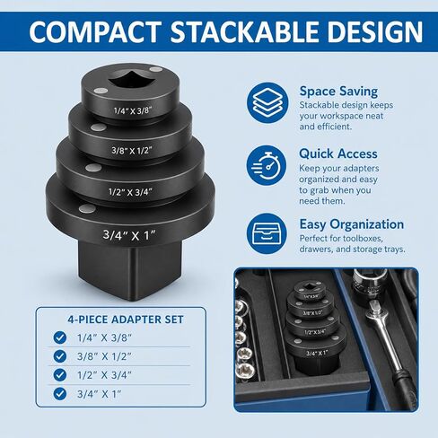 Low Profile Impact Socket Adapter Set, 4PC Magnetic Stubby Drive Converter, Cr-Mo Steel Ratchet Adapter for Tight Spaces, 1/4"F-3/8"M, 3/8"F-1/2"M, 1/2"F-3/4"M, 3/4"F-1"M in Saudi Arabia