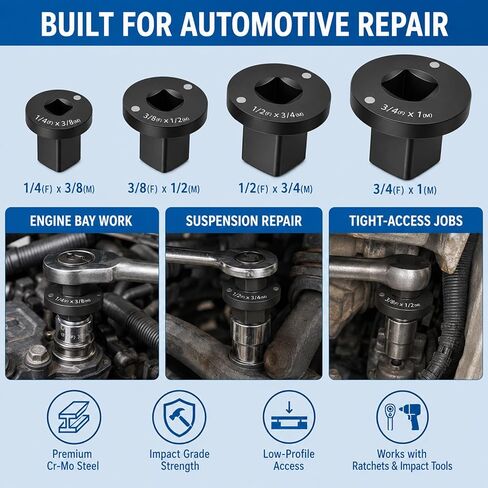 Low Profile Impact Socket Adapter Set, 4PC Magnetic Stubby Drive Converter, Cr-Mo Steel Ratchet Adapter for Tight Spaces, 1/4"F-3/8"M, 3/8"F-1/2"M, 1/2"F-3/4"M, 3/4"F-1"M in Saudi Arabia