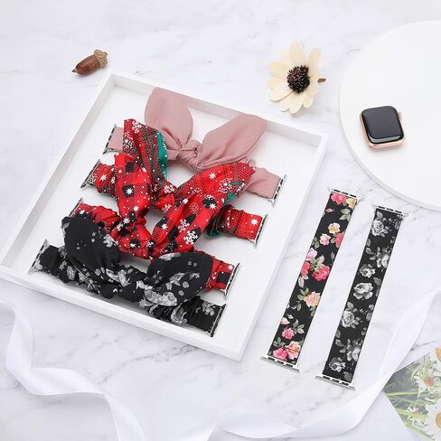 TOYOUTHS متوافق مع Apple Watch Band Scrunchies 41/40/38mm مع فراشة القوس / آذان الأرنب القماش النسيج المرن Scrunchy سوار النساء فتاة iWatch Series SE 9 8 7 6 5 4 3 2 1، أسود M/L in Kuwait