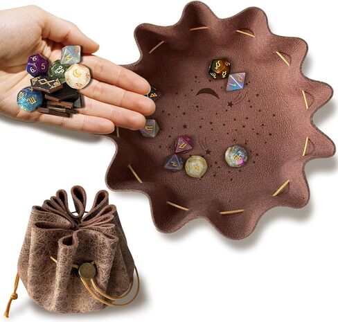 Leather Dice Tray with Moon Star Printed, 2-in-1 Collapsible Dice Rolling Tray & Drawstring Pouch, Portable Dice Bag for Tabletop Games, Rune Crystal Holder & Jewelry Storage in Saudi Arabia