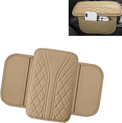 Car Center Console Breathable Protector, Non-slip Cover with Two Side Storage Pockets, Armrest Box Leather Elbow Pad, for Sedans SUVs Interior Accessories (Black) in Saudi Arabia