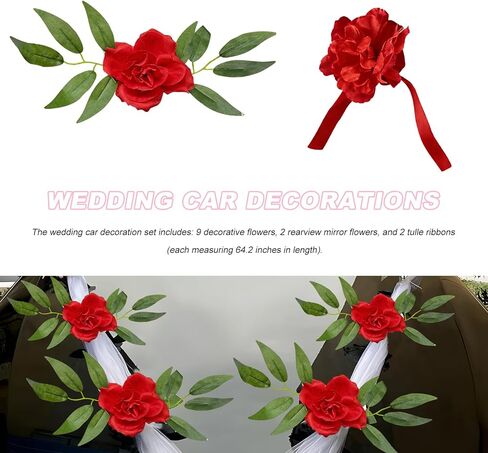 Wedding Car Decorations, Artificial Flower & Long Ribbon Set Elegant Front Vehicle Wedding Decor, Just Married Flowers Ribbons for Auto Hood & Rearview Mirror Decoration (Red) in Saudi Arabia