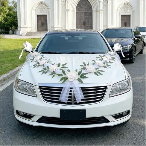 Wedding Car Decorations, Artificial Flower & Long Ribbon Set Elegant Front Vehicle Wedding Decor, Just Married Flowers Ribbons for Auto Hood & Rearview Mirror Decoration (Red) in Saudi Arabia