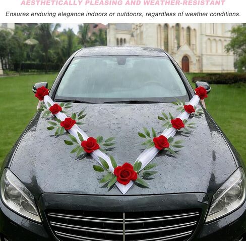 Wedding Car Decorations, Artificial Flower & Long Ribbon Set Elegant Front Vehicle Wedding Decor, Just Married Flowers Ribbons for Auto Hood & Rearview Mirror Decoration (Red) in Saudi Arabia