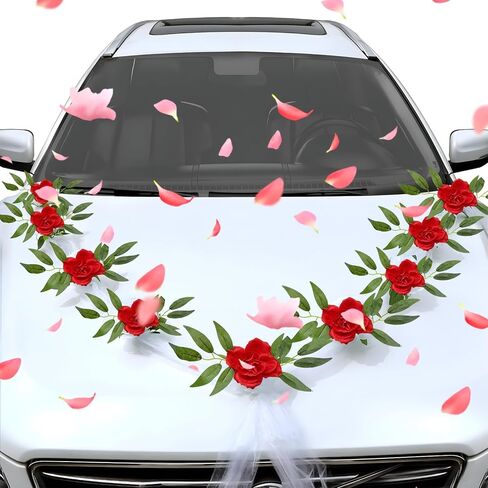 Wedding Car Decorations, Artificial Flower & Long Ribbon Set Elegant Front Vehicle Wedding Decor, Just Married Flowers Ribbons for Auto Hood & Rearview Mirror Decoration (Red) in Saudi Arabia