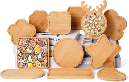 mekueeex 12pcs Mosaic Tiles for Crafts Wooden Coaster Bases Set, Mosaic Kits for Adults DIY Home Decor, Mosaic Kit with Bamboo Shapes for Glass Tile Art Projects, Round Square Hexagon Heart Star Deer in Kuwait