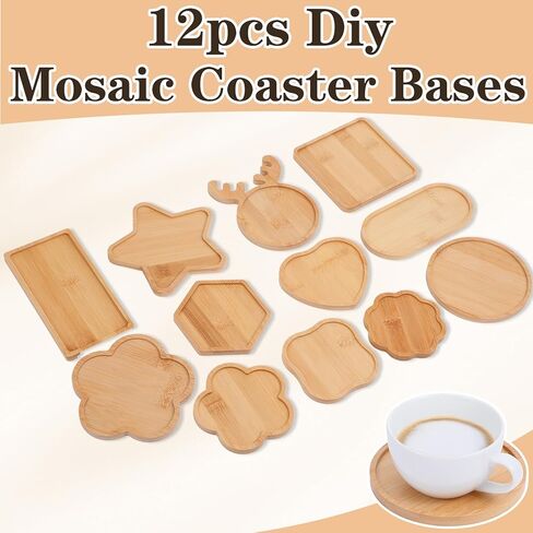 mekueeex 12pcs Mosaic Tiles for Crafts Wooden Coaster Bases Set, Mosaic Kits for Adults DIY Home Decor, Mosaic Kit with Bamboo Shapes for Glass Tile Art Projects, Round Square Hexagon Heart Star Deer in Kuwait