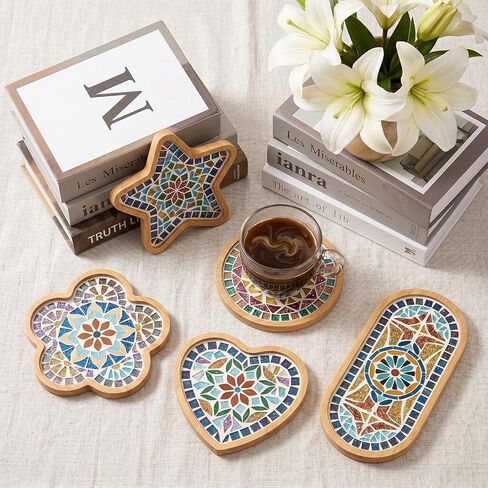 mekueeex 12pcs Mosaic Tiles for Crafts Wooden Coaster Bases Set, Mosaic Kits for Adults DIY Home Decor, Mosaic Kit with Bamboo Shapes for Glass Tile Art Projects, Round Square Hexagon Heart Star Deer in Kuwait