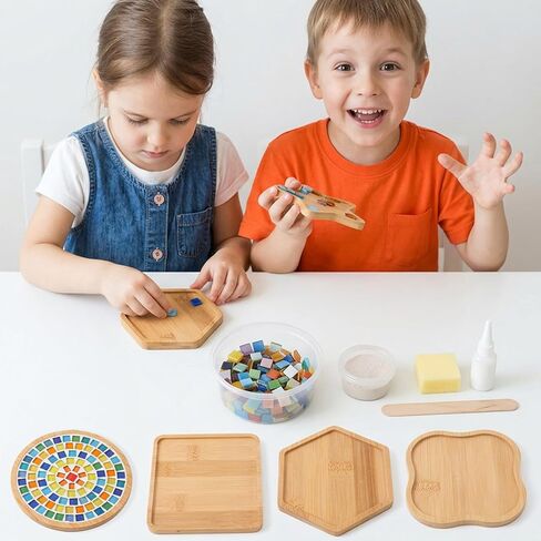 mekueeex 12pcs Mosaic Tiles for Crafts Wooden Coaster Bases Set, Mosaic Kits for Adults DIY Home Decor, Mosaic Kit with Bamboo Shapes for Glass Tile Art Projects, Round Square Hexagon Heart Star Deer in Kuwait