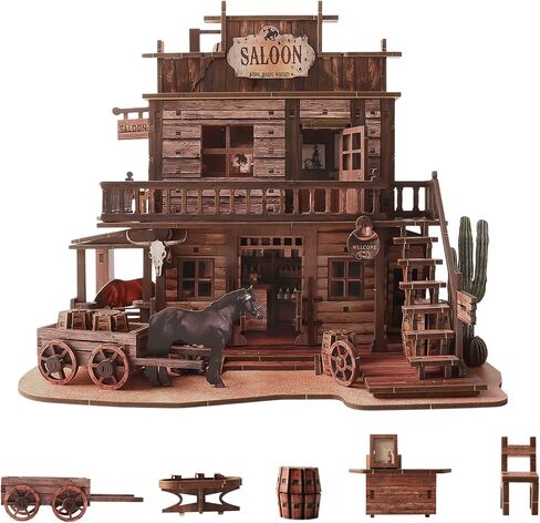 3D Wooden Puzzle for Adults Western Saloon Miniature House Kit, 450 PCS DIY Bookshelf Decor, Wild West Book Nook Building Kit Wood Craft Gifts for Family Friends Home Decor in Saudi Arabia