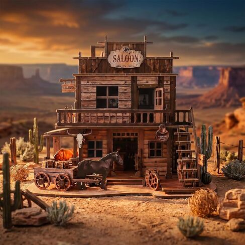 3D Wooden Puzzle for Adults Western Saloon Miniature House Kit, 450 PCS DIY Bookshelf Decor, Wild West Book Nook Building Kit Wood Craft Gifts for Family Friends Home Decor in Saudi Arabia