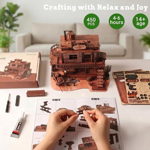 3D Wooden Puzzle for Adults Western Saloon Miniature House Kit, 450 PCS DIY Bookshelf Decor, Wild West Book Nook Building Kit Wood Craft Gifts for Family Friends Home Decor in Saudi Arabia