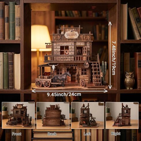 3D Wooden Puzzle for Adults Western Saloon Miniature House Kit, 450 PCS DIY Bookshelf Decor, Wild West Book Nook Building Kit Wood Craft Gifts for Family Friends Home Decor in Saudi Arabia