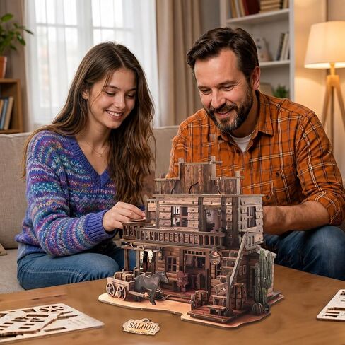 3D Wooden Puzzle for Adults Western Saloon Miniature House Kit, 450 PCS DIY Bookshelf Decor, Wild West Book Nook Building Kit Wood Craft Gifts for Family Friends Home Decor in Saudi Arabia