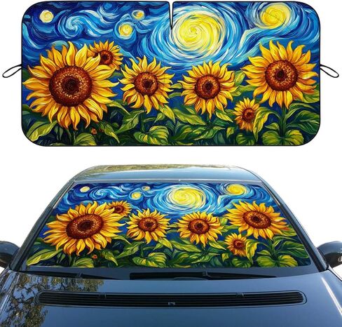 Sunflower Car Windshield Sunshades Starry Night Blue Swirl Sky Botanical Front Window Sun Shade Blocks UV Rays Sun Visor Protector for Car Sedan Truck SUV Accessories 59" L x 31.5" W in Saudi Arabia