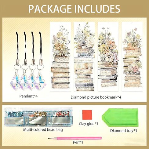 4 Pack Book and Flower Diamond Painting Bookmarks Kits,Books Diamond Painting Bookmarker with Pendant,Crystal Rhinestones Painting Bookmark,Romantic Artsy Bookmark,DIY Handmade Crafts for Book Lover in Saudi Arabia