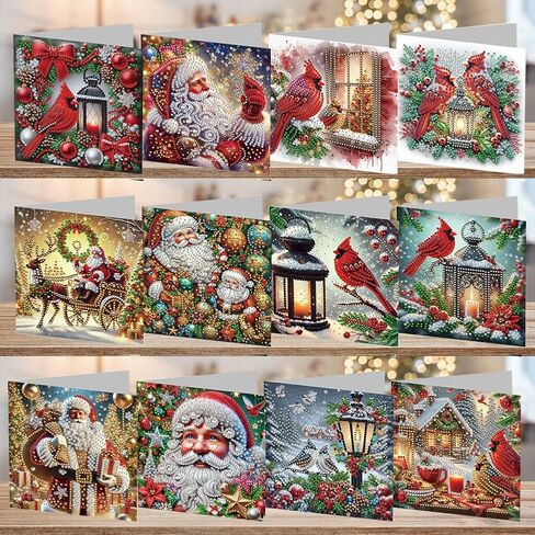 12Pack Flower Diamond Painting Greeting Card Kits DIY 5D Diamond Art with Envelopes & Rhinestones,Christmas Creative Birthday Gifts for Adults, Family, Friends (Santa Claus) in Kuwait