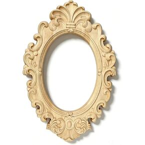 1Pcs Wood Carved Applique and Onlays Wooden Decorative Appliques Oval 12.2×7.8 Inch DIY Picture Frame Unpainted Carving Decals Mouldings for Home Decor Furniture Cabinet Wall Dressers Deoration in Saudi Arabia