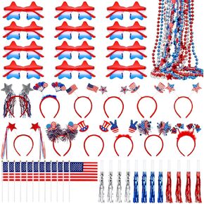66 Pcs 4th of July Accessories, Patriotic Party Supplies, American Flags Memorial Headbands Star Necklace Glasses Flag Foil Horns for Independence Day Celebrations Parade 250 Anniversary in Saudi Arabia