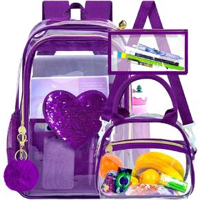gxtvo 3PCS Girls Clear Backpack Heavy-Duty Set for Women & Teen, 17" See Through Bookbag with Luxurious Gold Zipper, Deep Purple Sequins Transparent School Bag in Saudi Arabia