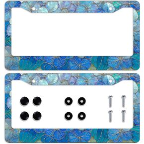 2Pcs Stained Glass Flowers License Plate Frame Blue Floral License Plate Frames Personalise License Plate Frames Stainless Steel Metal Car Plates Tag Funny Decor Men Women 12.2 X 6.3 Inch in Saudi Arabia
