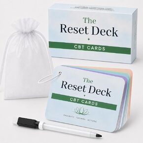 بطاقات العلاج السلوكي المعرفي من The Reset Deck للقلق والتفكير الزائد والتوتر - 32 بطاقة فلاش للعلاج السلوكي المعرفي مزدوجة الجوانب مع بطاقات انعكاس وقلم وخاتم وحقيبة حمل in Kuwait