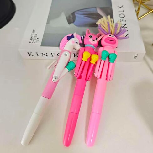 3 Pcs Boxing Pens Boxing Unicorn Pen Fighting Cat fun Hair Plush Hair Toppers Novelty Animal Boxer with Pink Looking Stationeries in Saudi Arabia