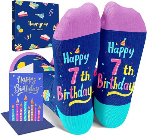 HAPPYPOP 7th Birthday Gifts Ideas for Girls - Socks for Kids Age 7, Presents for 7 Year Olds, Seven Year Old Gifts for Girls Boys, Birthday Gift Box with Greeting Card in Saudi Arabia