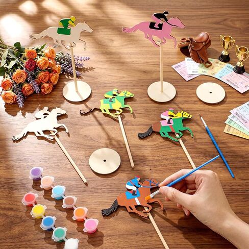 DoubleFill 12 Pcs Wooden Horse Paniting Crafts Kits Derby Party Favors Decorations Unfinished Wood Horse Racing Table Centerpieces DIY for Horses Themed Birthday Party Supplies in Kuwait