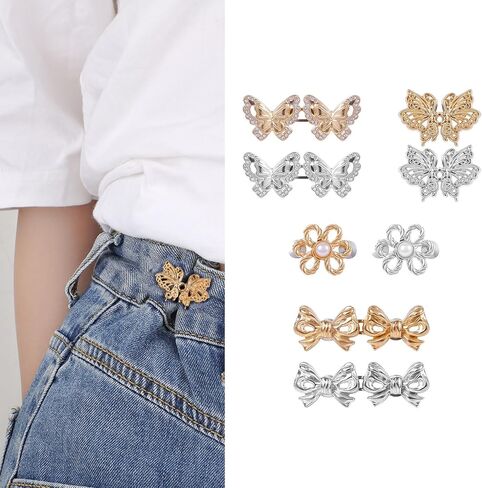 8 Sets Pant Waist Tighteners for Women, Detachable Waist Adjustment Buckles for Loose Jeans Butterfly Flower Bow Adjustable Jeans Button Pins No Sewing Waist Tightener Button Clothing Accessories in Kuwait