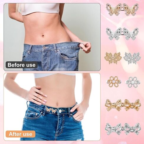 8 Sets Pant Waist Tighteners for Women, Detachable Waist Adjustment Buckles for Loose Jeans Butterfly Flower Bow Adjustable Jeans Button Pins No Sewing Waist Tightener Button Clothing Accessories in Kuwait